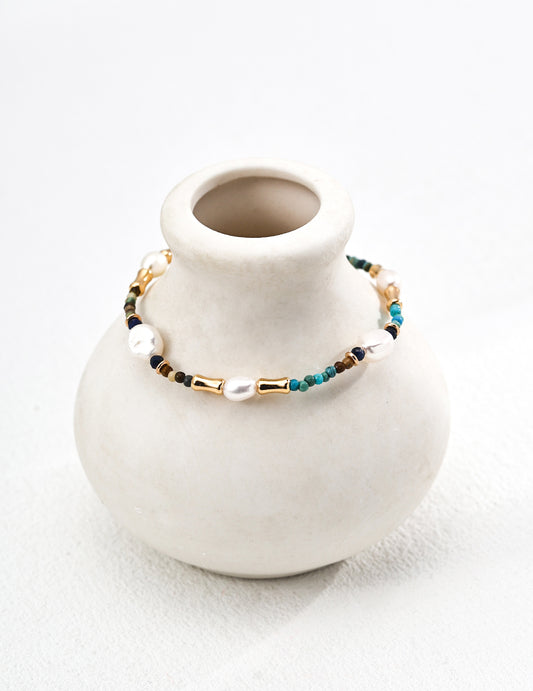 S925 sterling silver bracelet with pearls, lapis lazuli and turquoise, handmade natural gemstone jewelry
