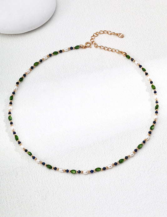 S925 Silver Rice Pearl, Olive Bead, and Lapis Lazuli Necklace - Elegant Silver Necklace featuring Rice Pearls, Olive Beads, and Lapis Lazuli Stones for a Unique, Timeless Look