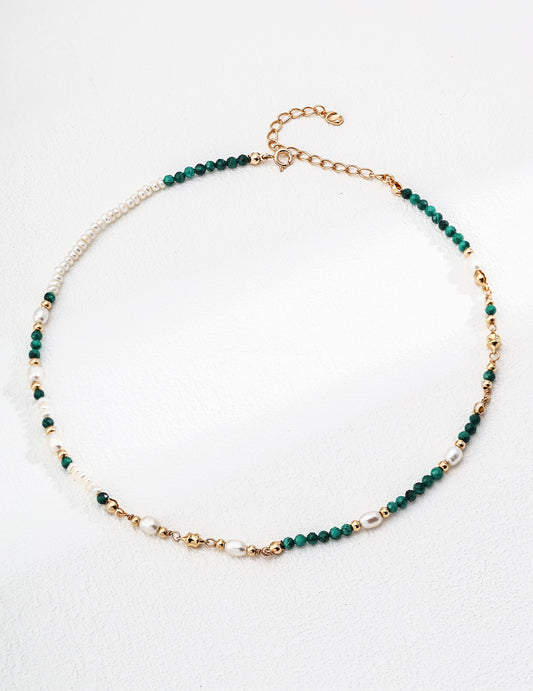 S925 silver vintage necklace featuring natural freshwater pearl and malachite gemstones, symbolizing emotional healing, wisdom, and protection — ideal for spiritual jewelry lovers, elegant everyday wear, and boho-chic fashion