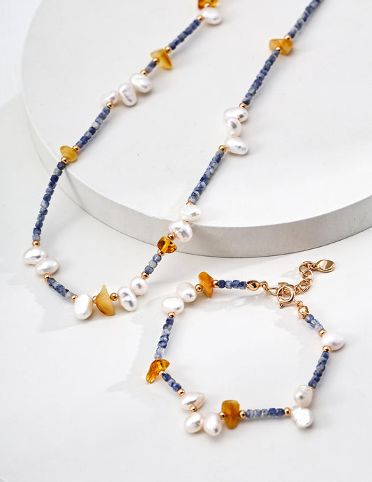 Handmade sterling silver bracelet with pearls and blue goldstone, natural gemstone jewelry for women