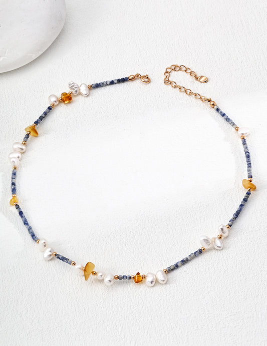 Handmade sterling silver necklace with pearls and blue goldstone, natural gemstone jewelry for women
