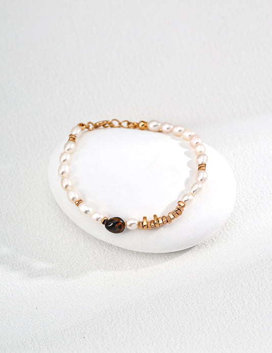 S925 sterling silver bracelet with pearls and tiger eye, handmade natural gemstone jewelry for women