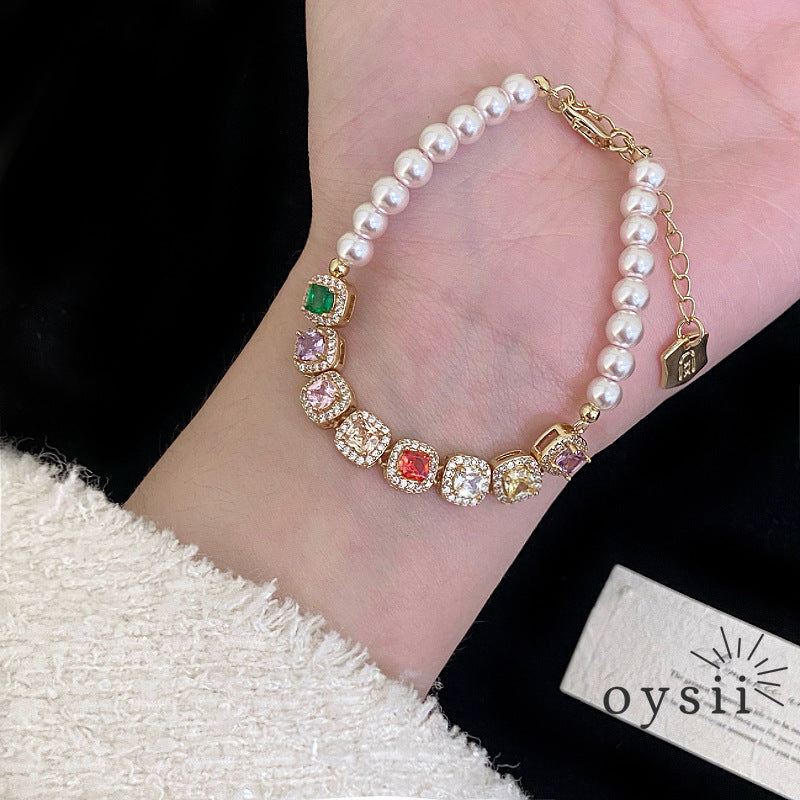 Candy Gleam – Colorful Square Zircon & Manta Pearl Bracelet