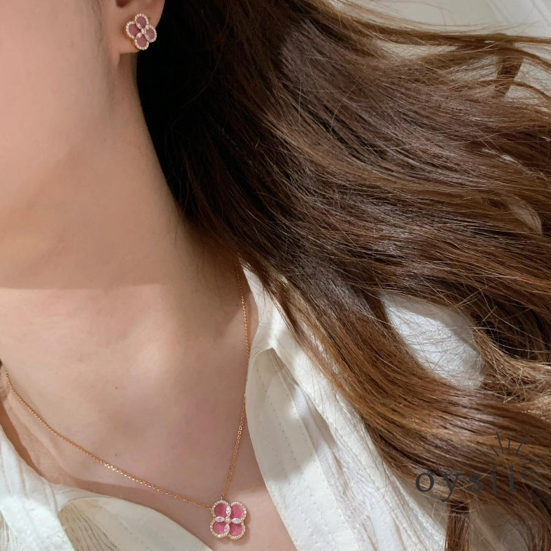 Rose Blush Vintage Clover Jewelry Set – Necklace, Bracelet & Earrings