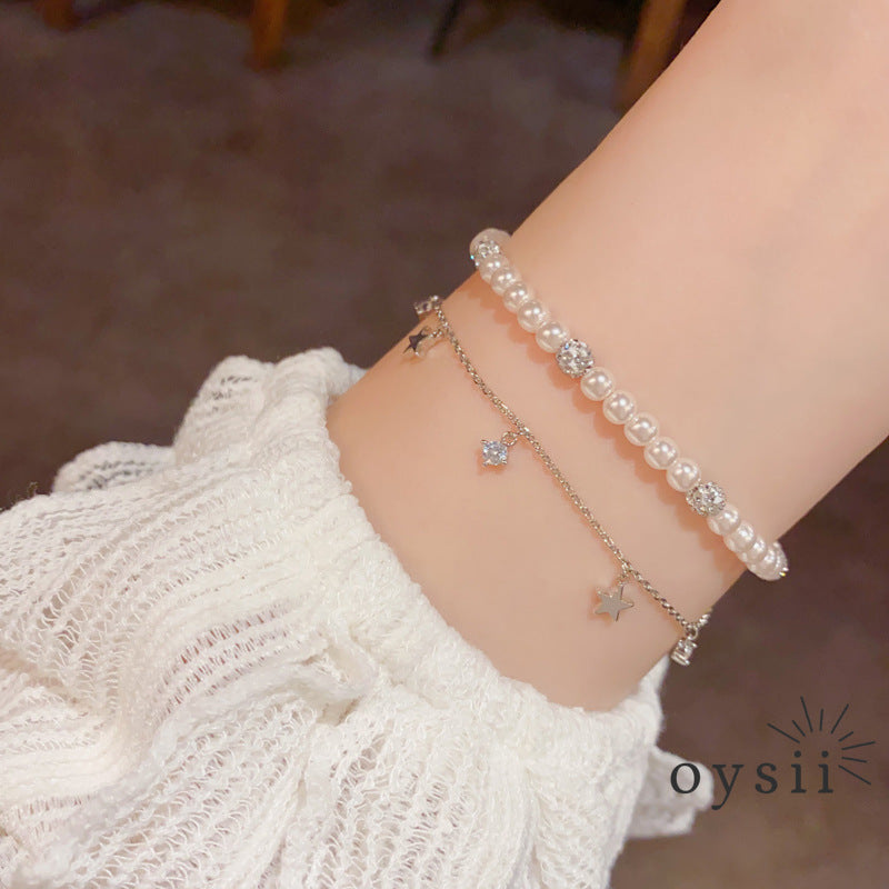 Starlit Grace — Double-Layer Pearl & Star Chain Bracelet