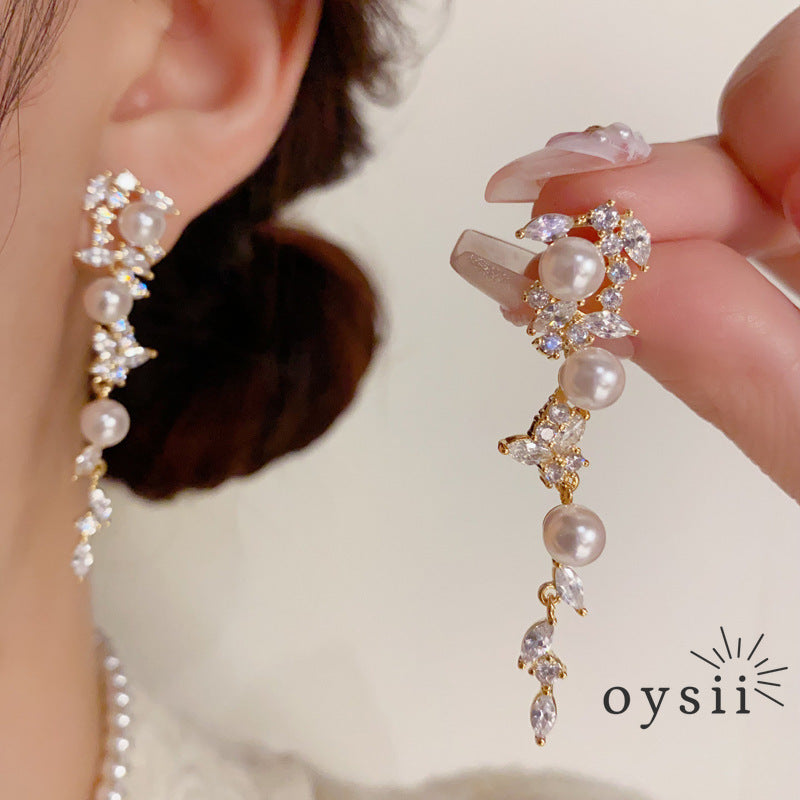 Whispering Leaves — Long Pearl & Micro Zircon Tassel Earrings