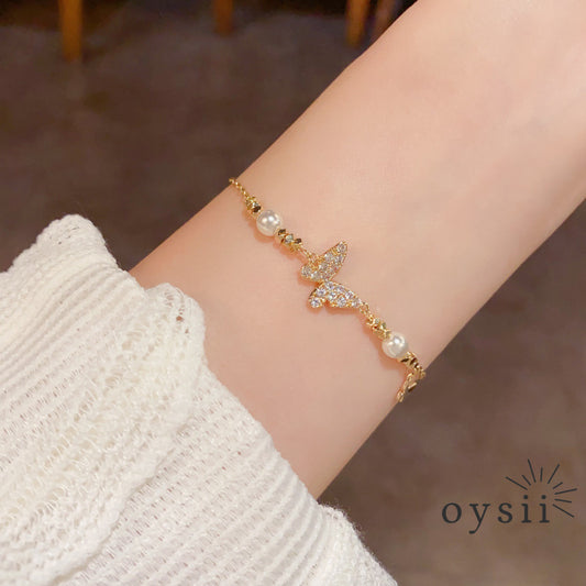 Butterfly Luster — Silver & Zircon Pearl Bracelet