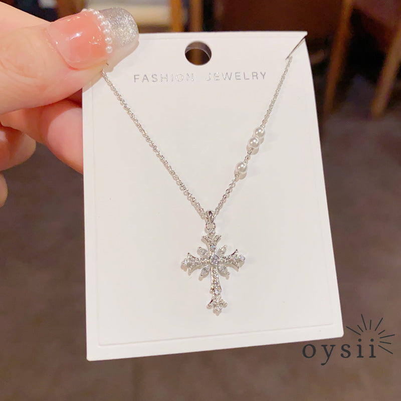 Moonlit Prayer — Micro Zircon & Pearl Cross Necklace
