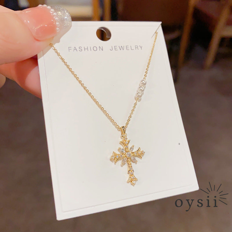 Moonlit Prayer — Micro Zircon & Pearl Cross Necklace