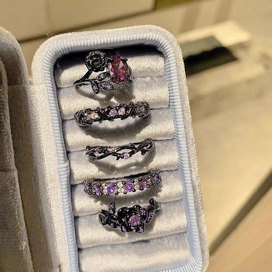 Purple Crystal Rose Ring Set