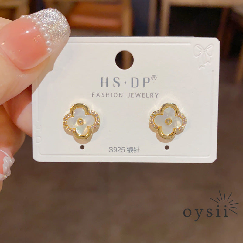 Spring Clover — Zircon & Mother-of-Pearl Flower Stud Earrings