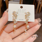 Whispering Leaves — Long Pearl & Micro Zircon Tassel Earrings