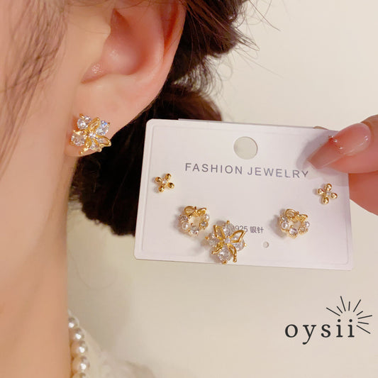 Petal Trio — Full Diamond Flower Stud Earrings Set