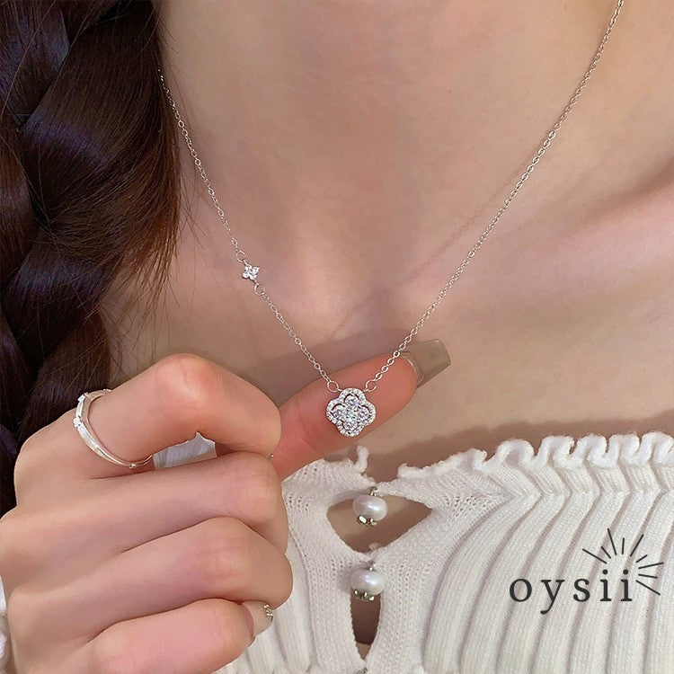 Lucky Spark – S999 Silver Clover Zircon Necklace