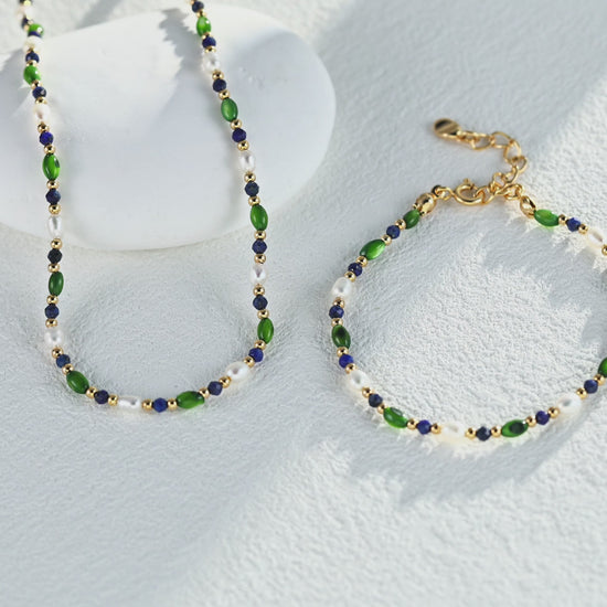 S925 Silver Natural Rice Pearl Necklace with Olive Beads and Lapis Lazuli - Elegant Silver Necklace featuring Natural Rice Pearls, Olive Beads, and Lapis Lazuli for a Classic, Timeless Look