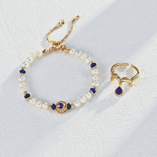 Handmade S925 silver bracelet with natural pearls and deep blue lapis lazuli, a vintage-inspired gemstone piece for zodiac, healing energy, and bohemian jewelry lovers